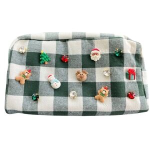 Christmas Embellished Green Gingham Travel Make Up Bag Lrg Holiday Santa Snowman